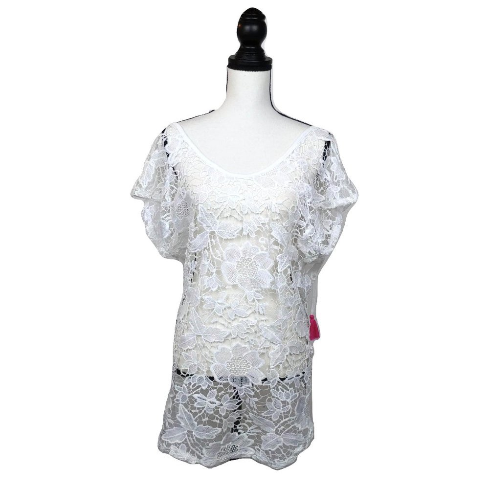 Miken White Tie- Back Crochet Swim Cover Up